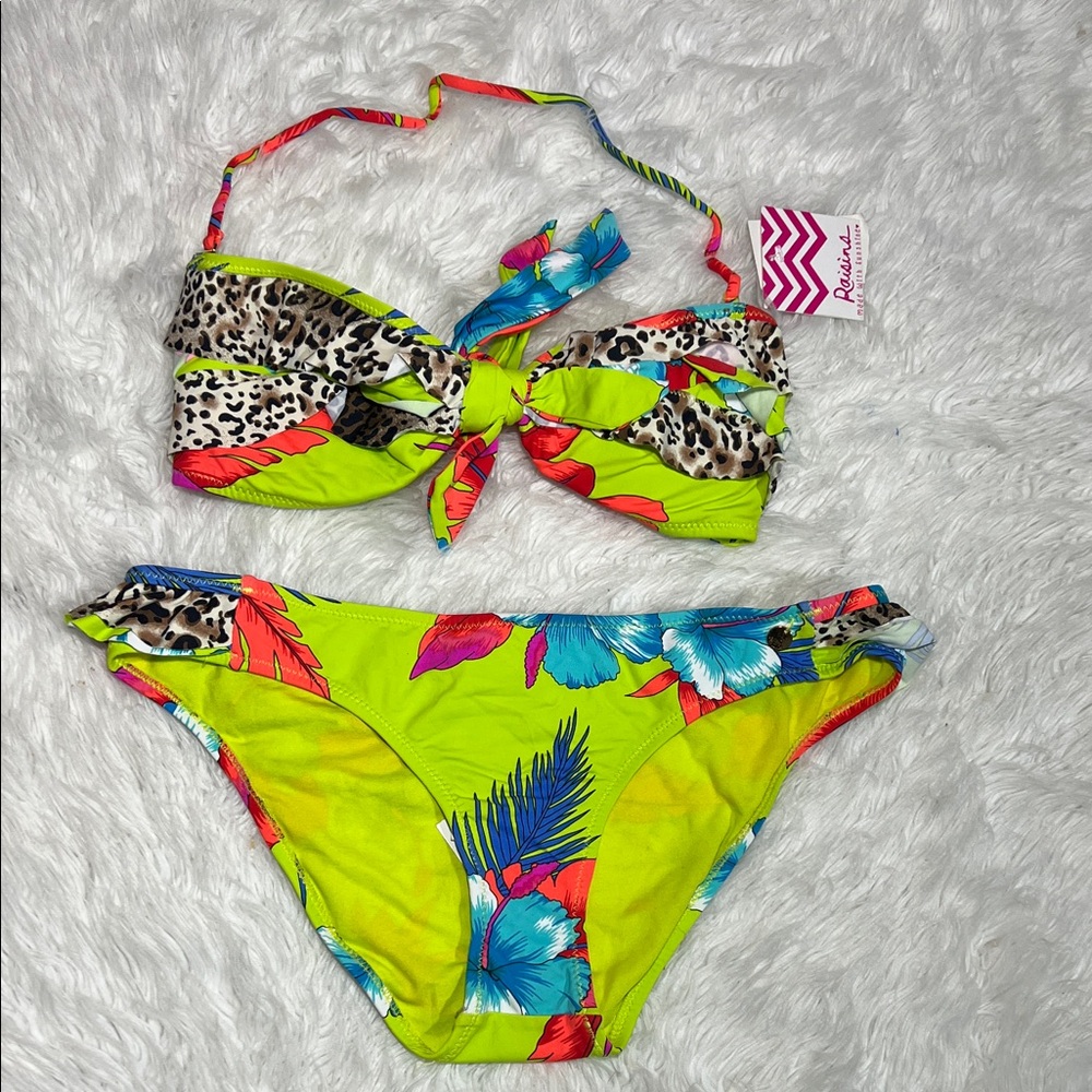 Neon Tropical Floral Bikini Set Leopard Print Ruffle Bandeau Top Size M NWT
